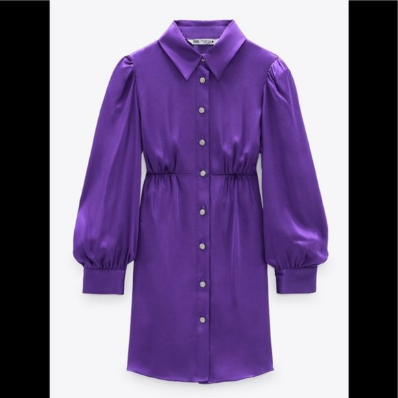 Zara Purple Satin Effect Jewel Buttoned Mini Dress Size L - Picture 7 of 12
